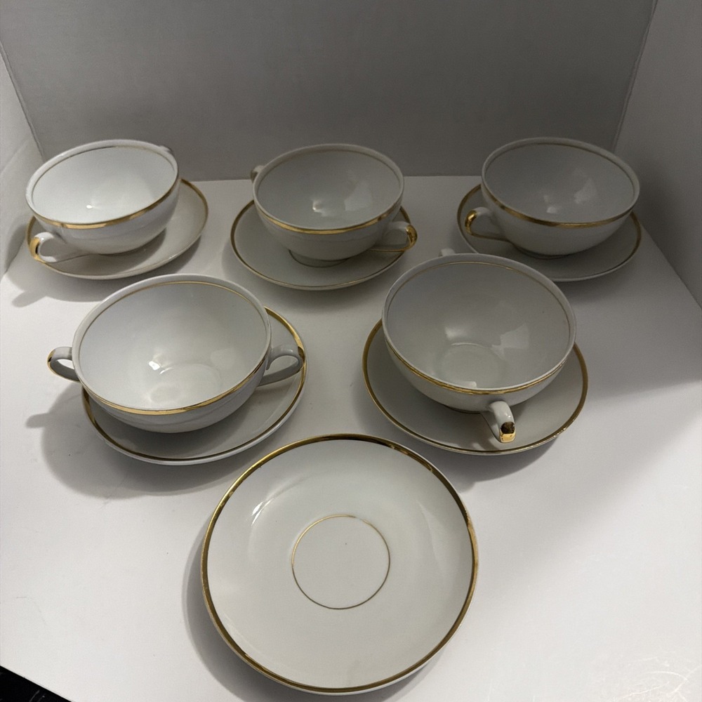 Porcellana Nava Italy White Gold Trim 2-Handle Bouillon Cups Saucers Set of 11